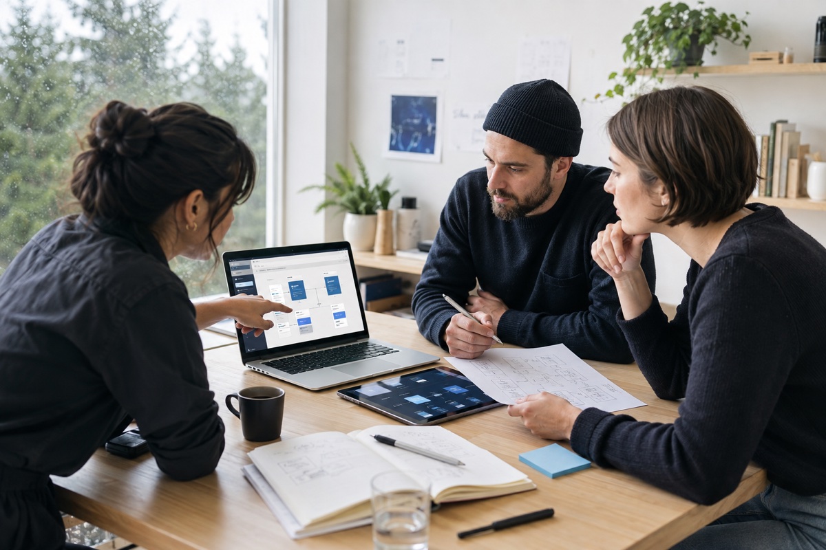 A small business team reviewing a custom workflow app together